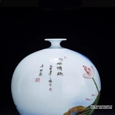 BÌNH HÚT TÀI LỘC VẼ TAY CHIM HOA SEN